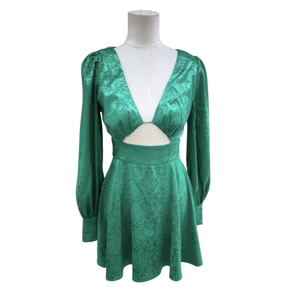 Seven Wonders Green Satin Jacquard Mini Dress Cutout Long Sleeve Party Size S